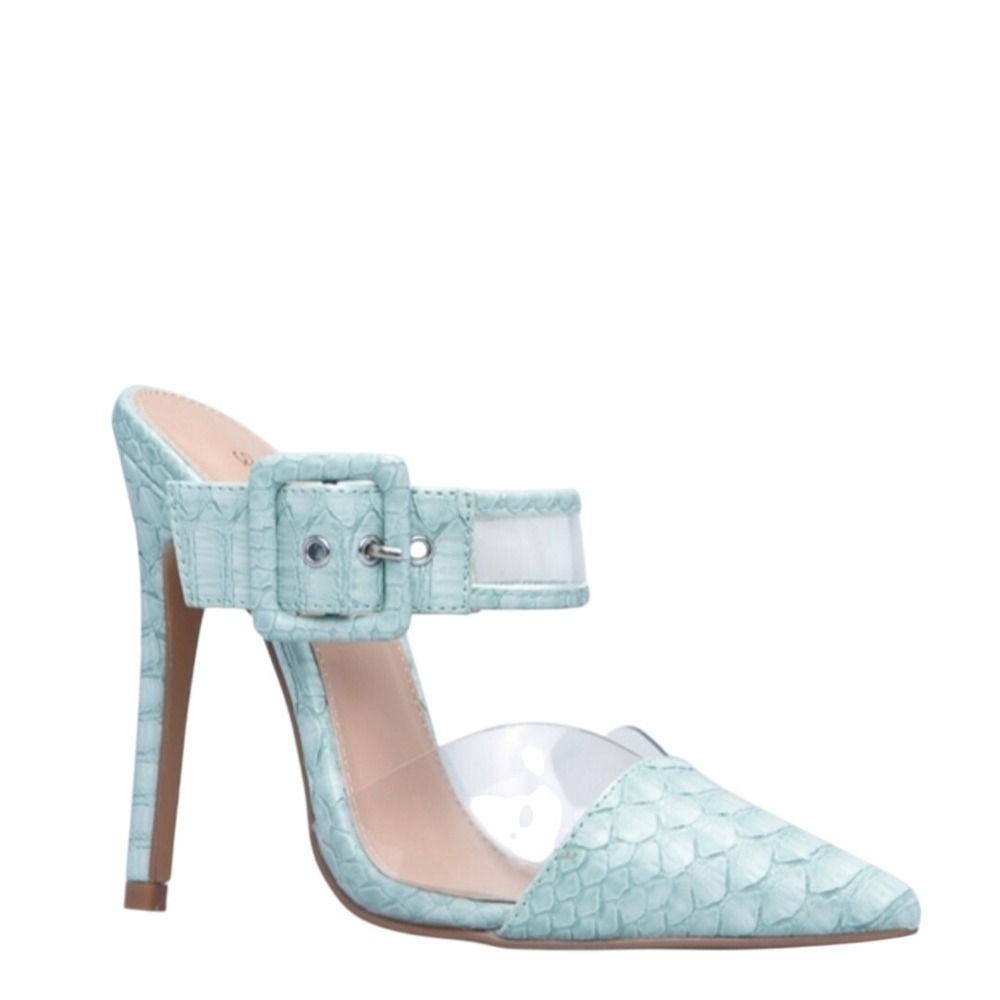 Shoe Dazzle Mint Textured Pointed-Toe Mule with Clear Strap